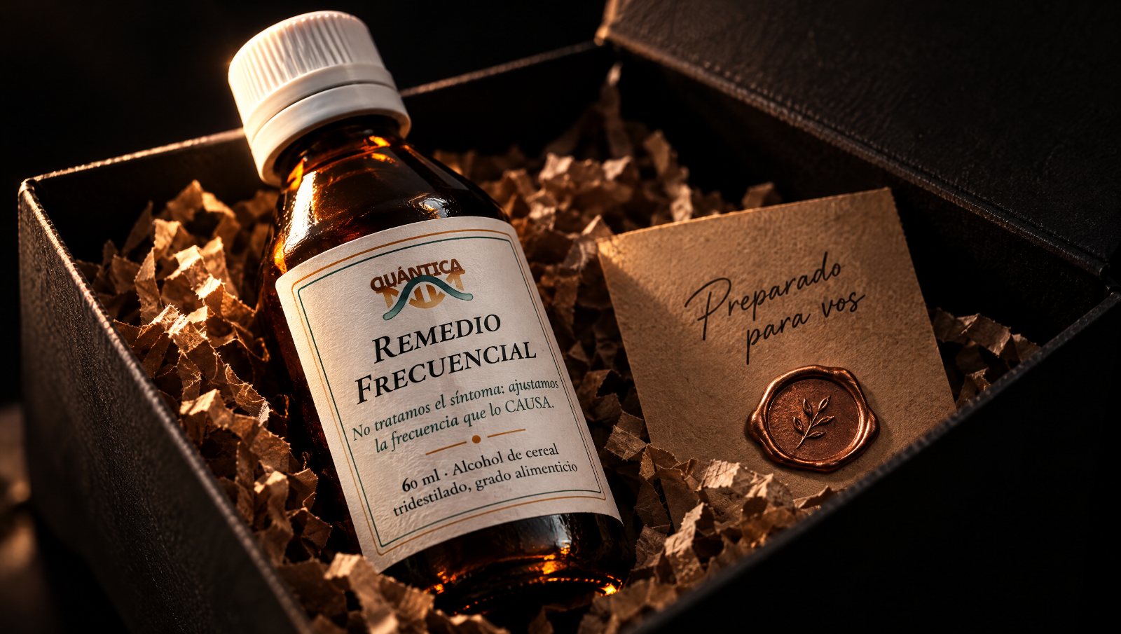 Tu frasco en su caja, con la tarjeta Preparado para vos